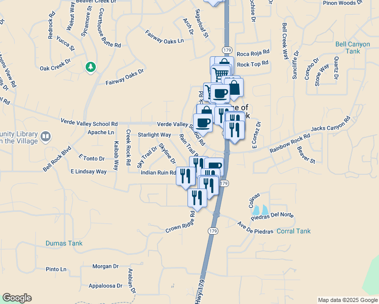 map of restaurants, bars, coffee shops, grocery stores, and more near 95 Morningside Drive in Sedona