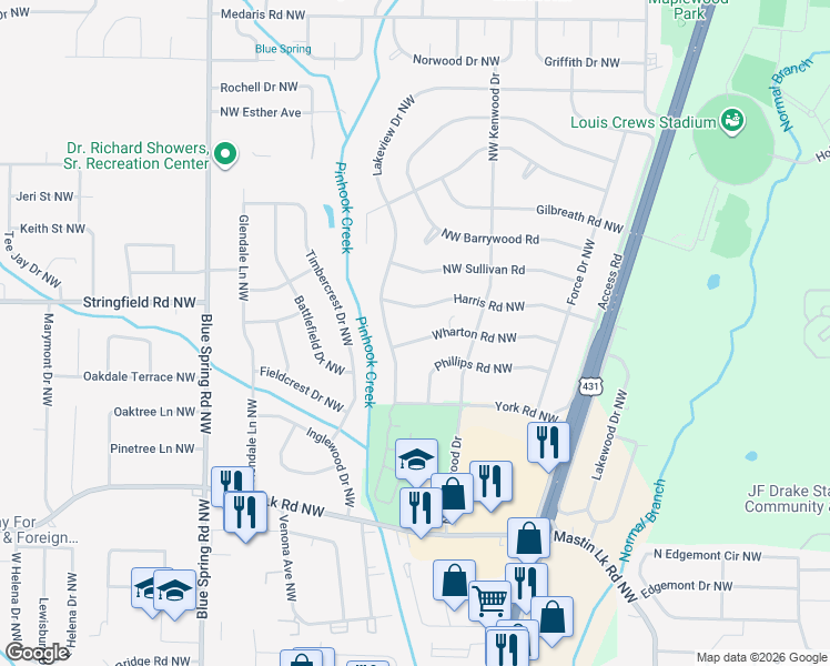 map of restaurants, bars, coffee shops, grocery stores, and more near 2212 Wharton Road Northwest in Huntsville
