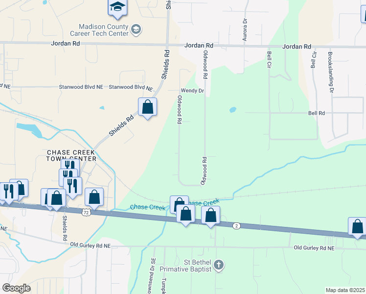 map of restaurants, bars, coffee shops, grocery stores, and more near 180 Oldwood Road in Huntsville