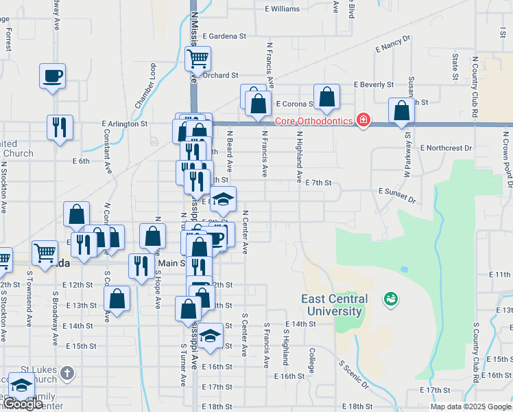 map of restaurants, bars, coffee shops, grocery stores, and more near 917 East 8th Street in Ada
