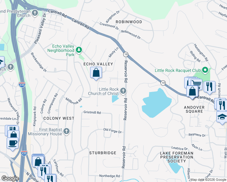 map of restaurants, bars, coffee shops, grocery stores, and more near 10 Sunset Hill in Little Rock