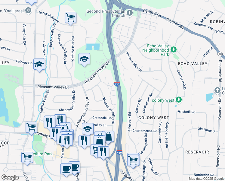 map of restaurants, bars, coffee shops, grocery stores, and more near 49 Kingsbridge Way in Little Rock