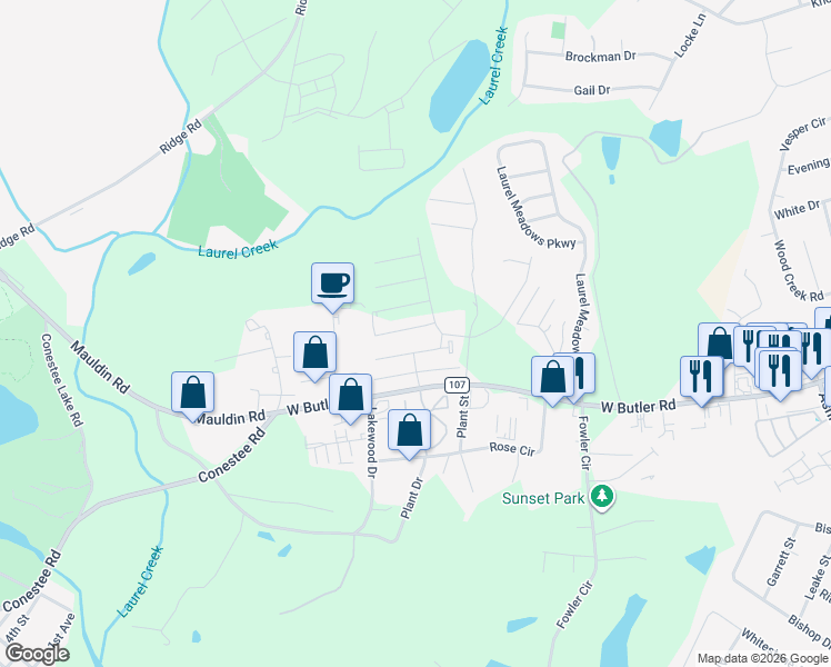map of restaurants, bars, coffee shops, grocery stores, and more near 181 Hollyridge Court in Greenville