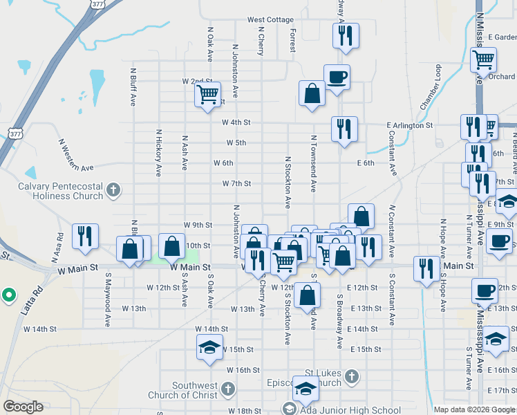 map of restaurants, bars, coffee shops, grocery stores, and more near 411 West 8th Street in Ada