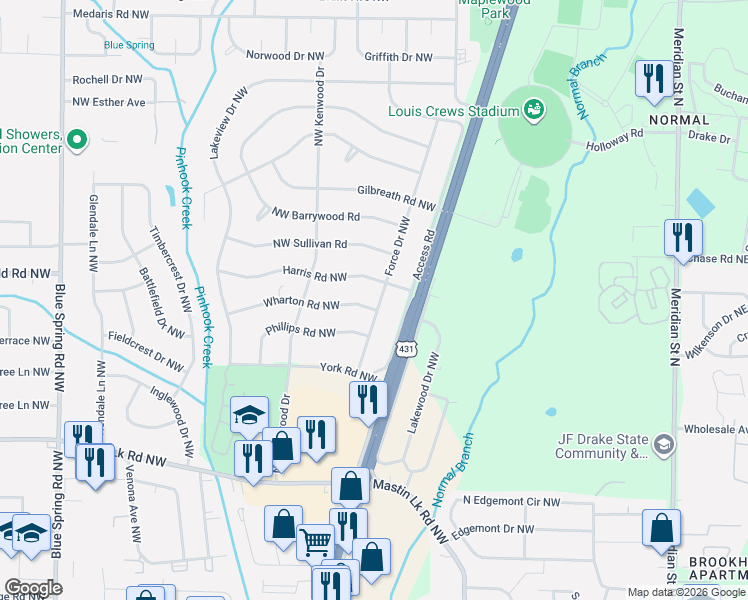 map of restaurants, bars, coffee shops, grocery stores, and more near 2104 Wharton Road Northwest in Huntsville