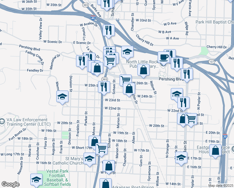 map of restaurants, bars, coffee shops, grocery stores, and more near 901 West 24th Street in North Little Rock