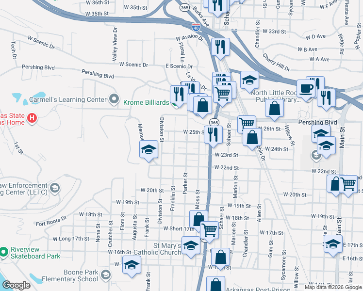 map of restaurants, bars, coffee shops, grocery stores, and more near 2320 Franklin Street in North Little Rock