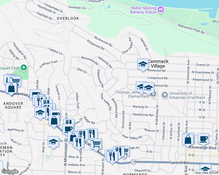 map of restaurants, bars, coffee shops, grocery stores, and more near 1312 Pine Valley Road in Little Rock