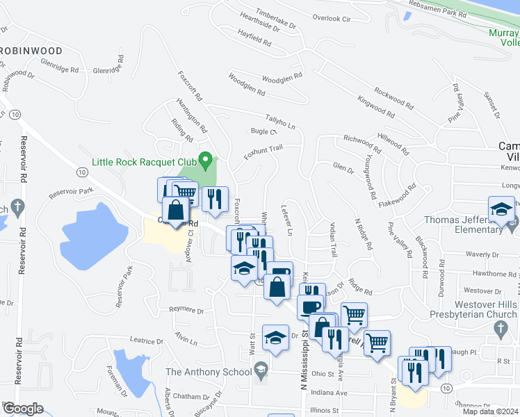 map of restaurants, bars, coffee shops, grocery stores, and more near 109 White Oak Lane in Little Rock