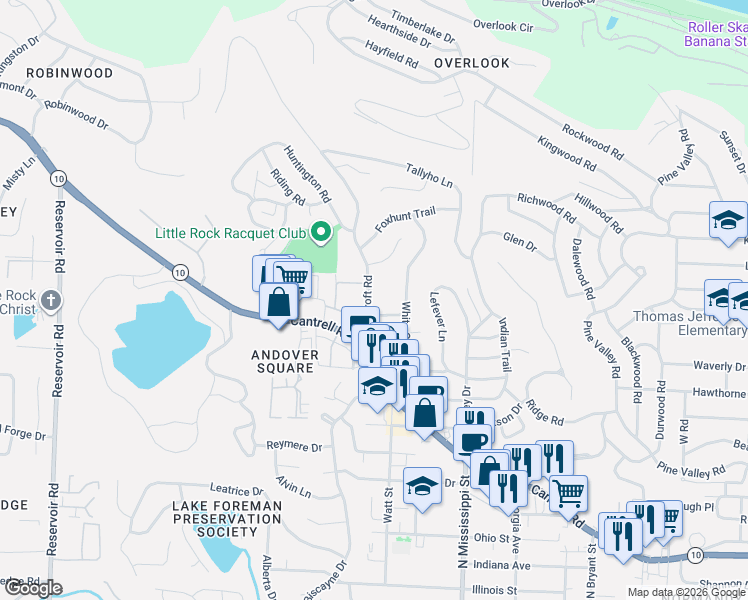 map of restaurants, bars, coffee shops, grocery stores, and more near 42 Foxcroft Road in Little Rock