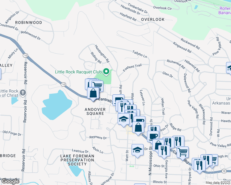 map of restaurants, bars, coffee shops, grocery stores, and more near 42 Foxcroft Road in Little Rock