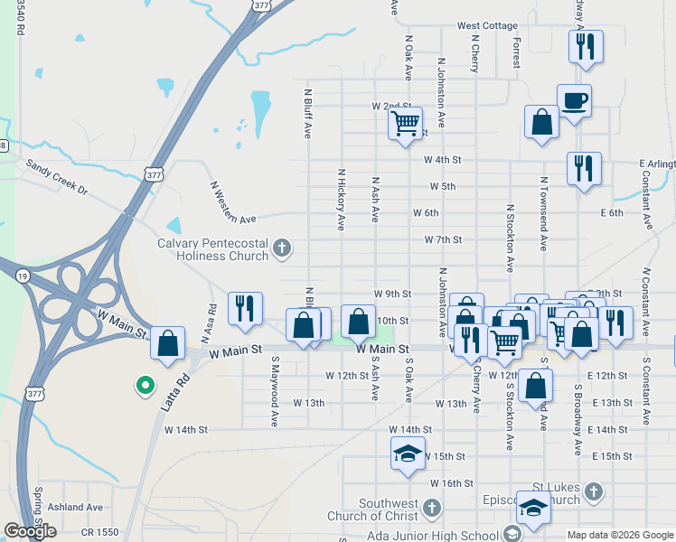 map of restaurants, bars, coffee shops, grocery stores, and more near 323 North Hickory Avenue in Ada