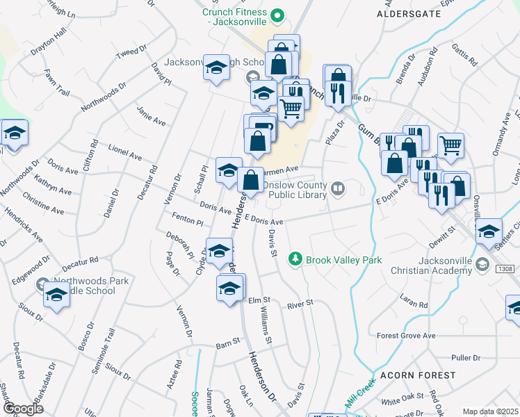 map of restaurants, bars, coffee shops, grocery stores, and more near 218 West Saltwood Place in Jacksonville