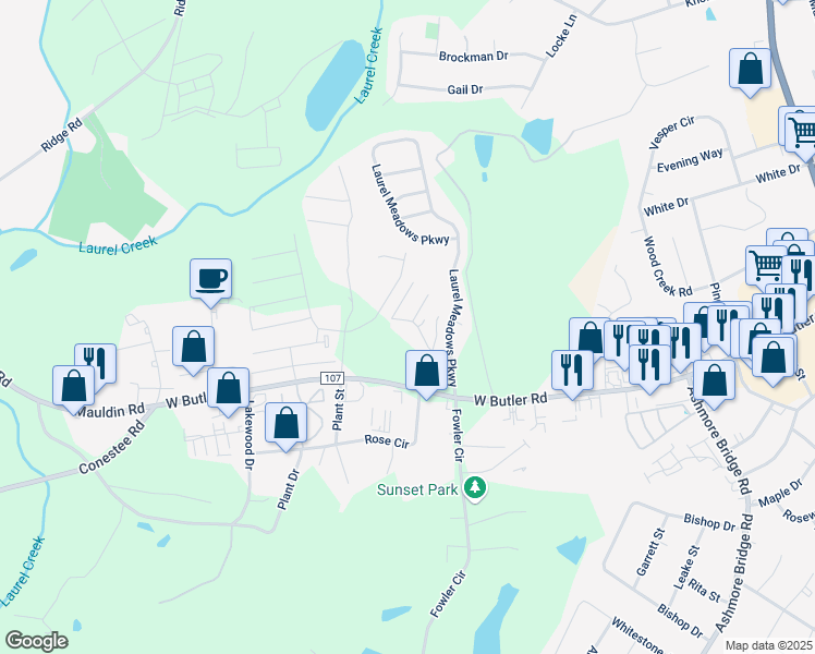 map of restaurants, bars, coffee shops, grocery stores, and more near 551 Waterbrook Drive in Greenville