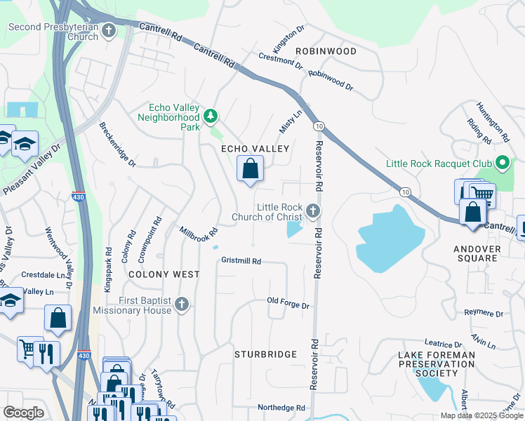 map of restaurants, bars, coffee shops, grocery stores, and more near 3 New Haven Court in Little Rock