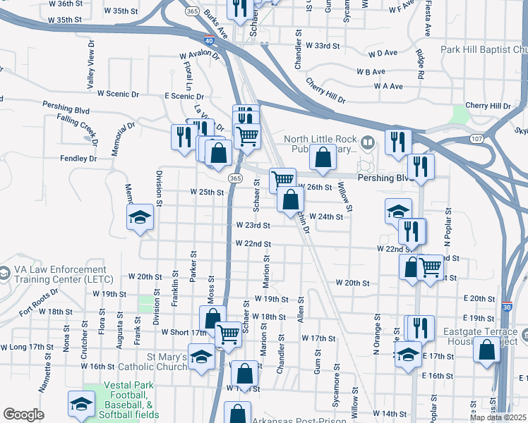 map of restaurants, bars, coffee shops, grocery stores, and more near 901 West 24th Street in North Little Rock