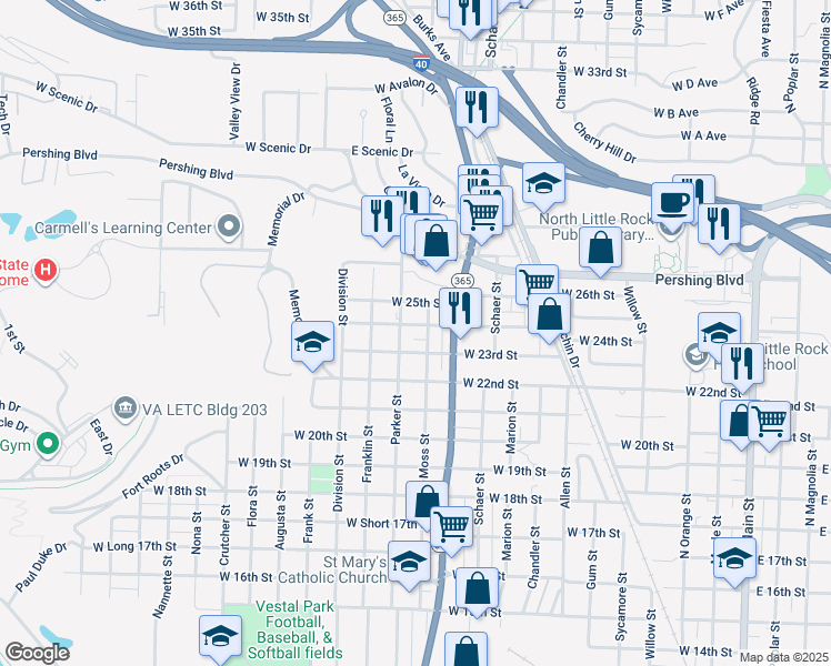map of restaurants, bars, coffee shops, grocery stores, and more near 1104 West 24th Street in North Little Rock