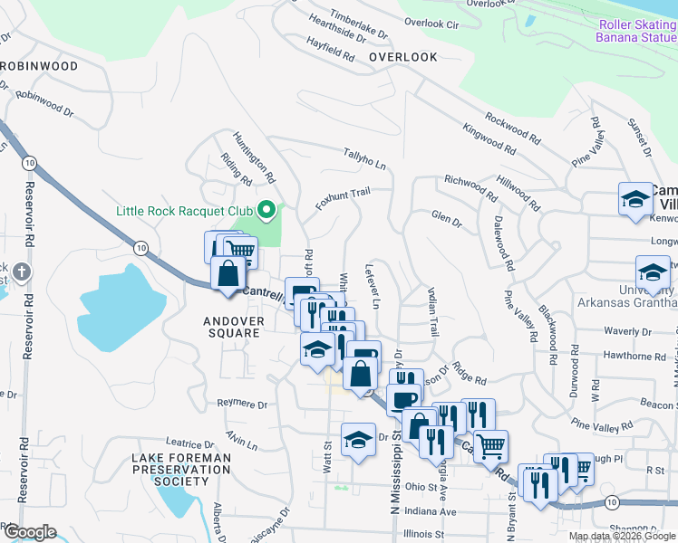 map of restaurants, bars, coffee shops, grocery stores, and more near 109 White Oak Lane in Little Rock