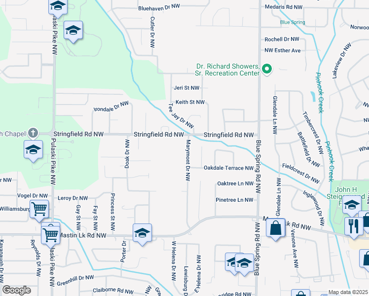 map of restaurants, bars, coffee shops, grocery stores, and more near 3649 Marymont Dr NW in Huntsville
