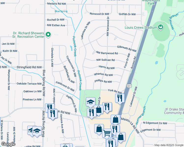 map of restaurants, bars, coffee shops, grocery stores, and more near 2212 Wharton Road Northwest in Huntsville
