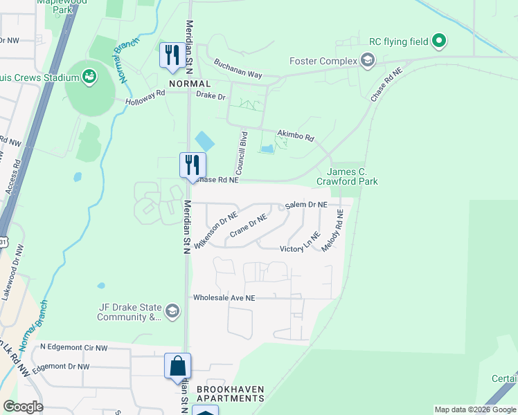 map of restaurants, bars, coffee shops, grocery stores, and more near 136 Wilkenson Drive Northeast in Huntsville