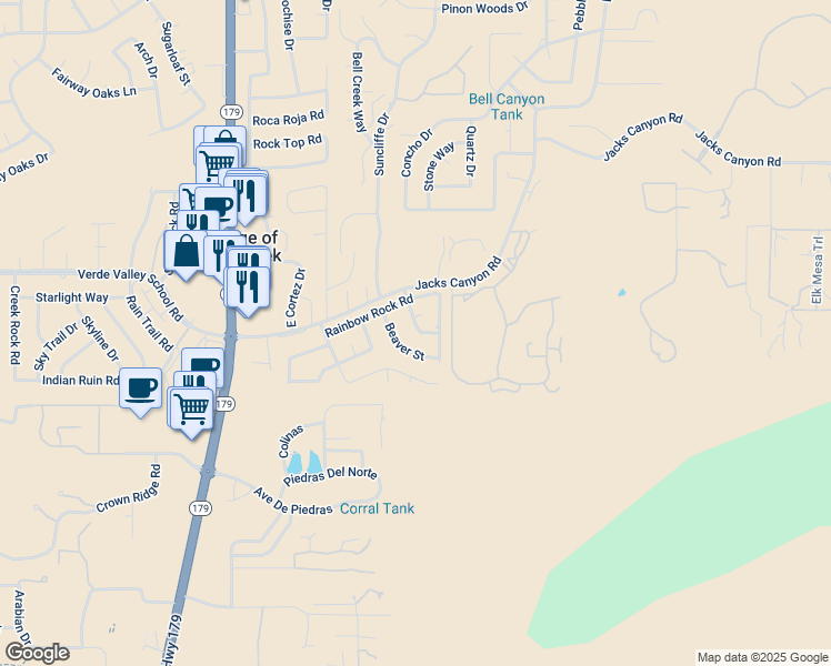 map of restaurants, bars, coffee shops, grocery stores, and more near 70 Ocotillo Street in Sedona