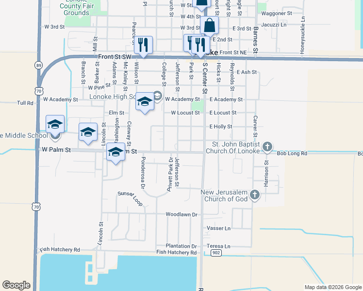 map of restaurants, bars, coffee shops, grocery stores, and more near 709 Jefferson Street in Lonoke