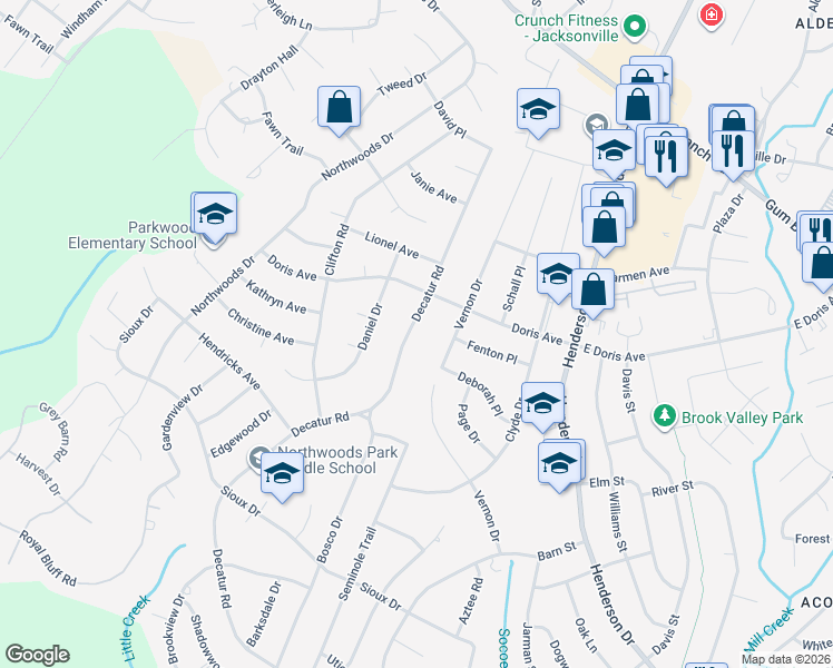 map of restaurants, bars, coffee shops, grocery stores, and more near 1032 Decatur Road in Jacksonville