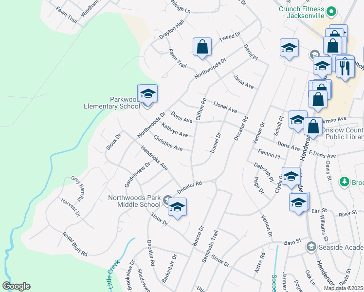 map of restaurants, bars, coffee shops, grocery stores, and more near 702 Christine Avenue in Jacksonville