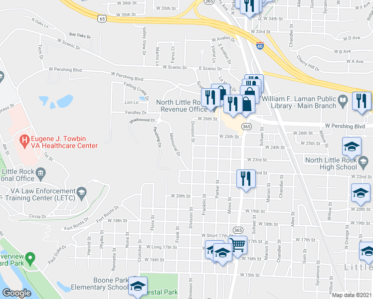 map of restaurants, bars, coffee shops, grocery stores, and more near 2301 Division Street in North Little Rock