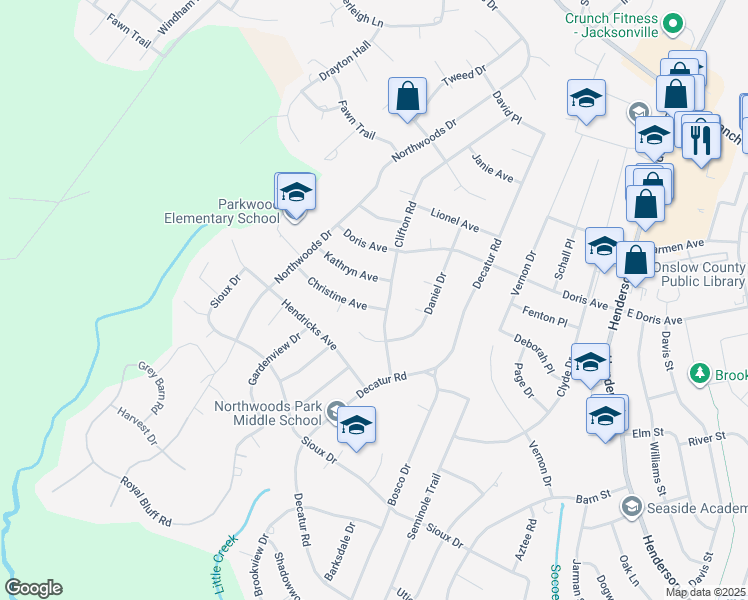 map of restaurants, bars, coffee shops, grocery stores, and more near 702 Christine Avenue in Jacksonville