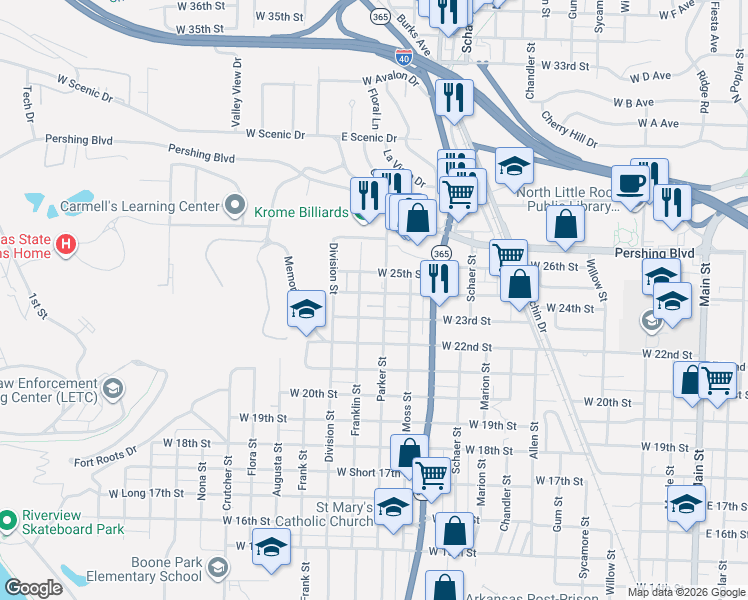 map of restaurants, bars, coffee shops, grocery stores, and more near 2320 Franklin Street in North Little Rock