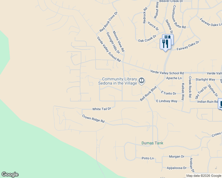 map of restaurants, bars, coffee shops, grocery stores, and more near 65 Red Fox Lane in Sedona