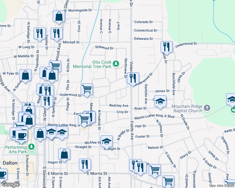 map of restaurants, bars, coffee shops, grocery stores, and more near 401 Underwood Circle in Dalton