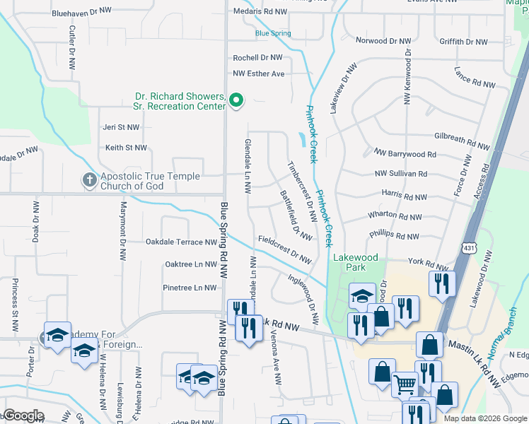 map of restaurants, bars, coffee shops, grocery stores, and more near 3709 Frost Street Northwest in Huntsville