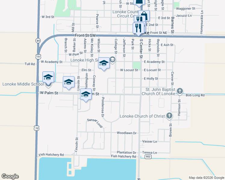 map of restaurants, bars, coffee shops, grocery stores, and more near 703 College Street in Lonoke