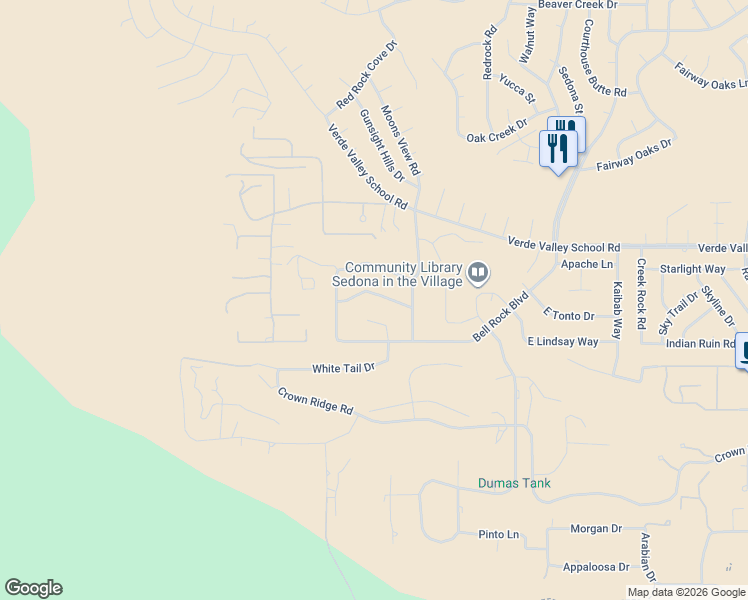 map of restaurants, bars, coffee shops, grocery stores, and more near 65 Red Fox Lane in Sedona