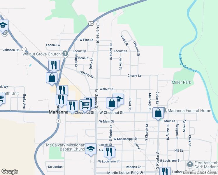 map of restaurants, bars, coffee shops, grocery stores, and more near 153 North Florida Street in Marianna