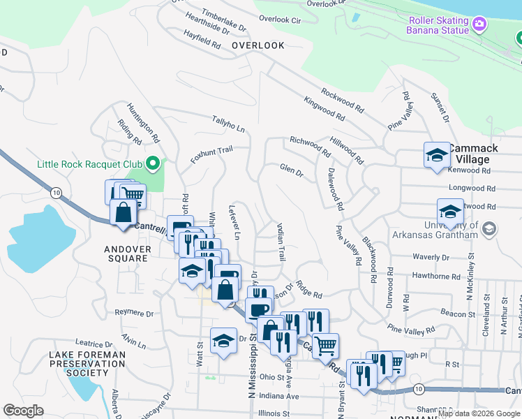 map of restaurants, bars, coffee shops, grocery stores, and more near 4 Drew Lane in Little Rock