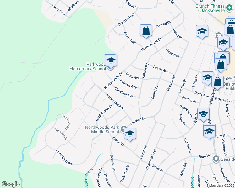 map of restaurants, bars, coffee shops, grocery stores, and more near 721 Christine Avenue in Jacksonville