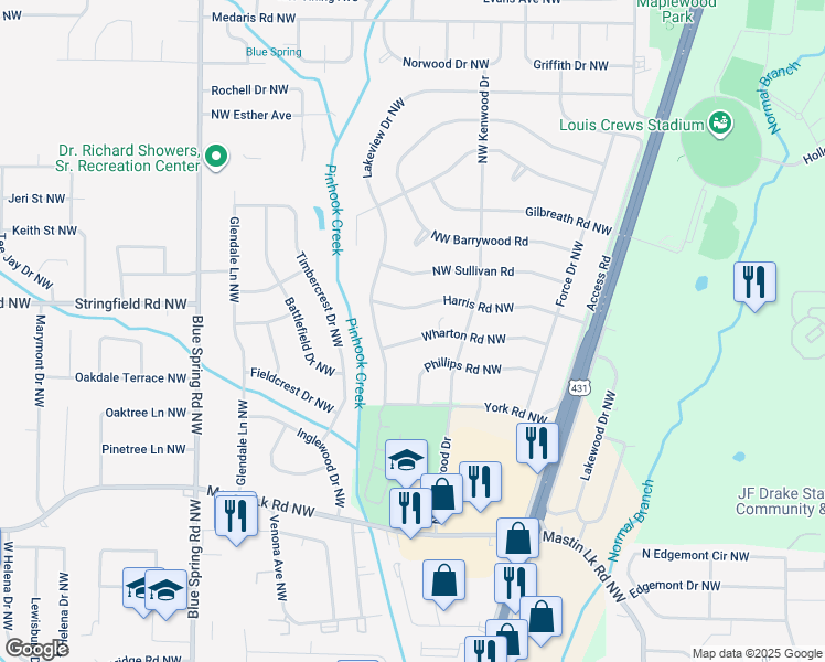 map of restaurants, bars, coffee shops, grocery stores, and more near 2212 Wharton Road Northwest in Huntsville