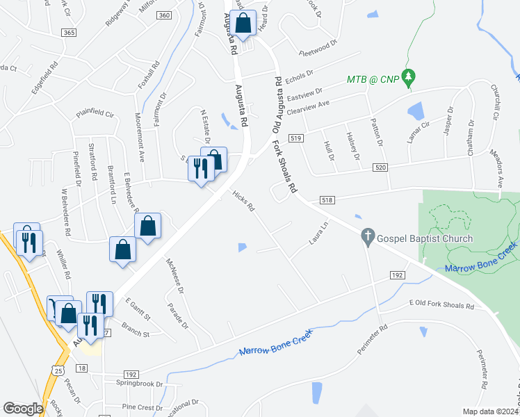 map of restaurants, bars, coffee shops, grocery stores, and more near 216 Hicks Road in Greenville