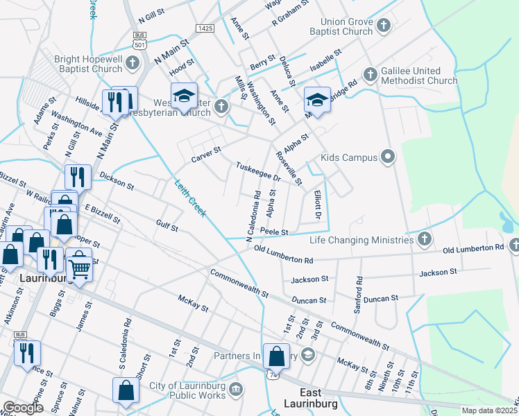 map of restaurants, bars, coffee shops, grocery stores, and more near 426 North Caledonia Road in Laurinburg