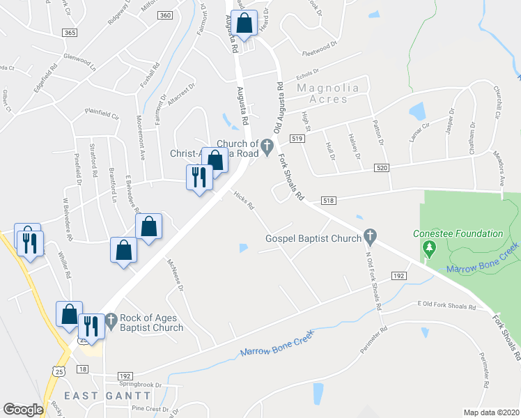 map of restaurants, bars, coffee shops, grocery stores, and more near 216 Hicks Road in Greenville