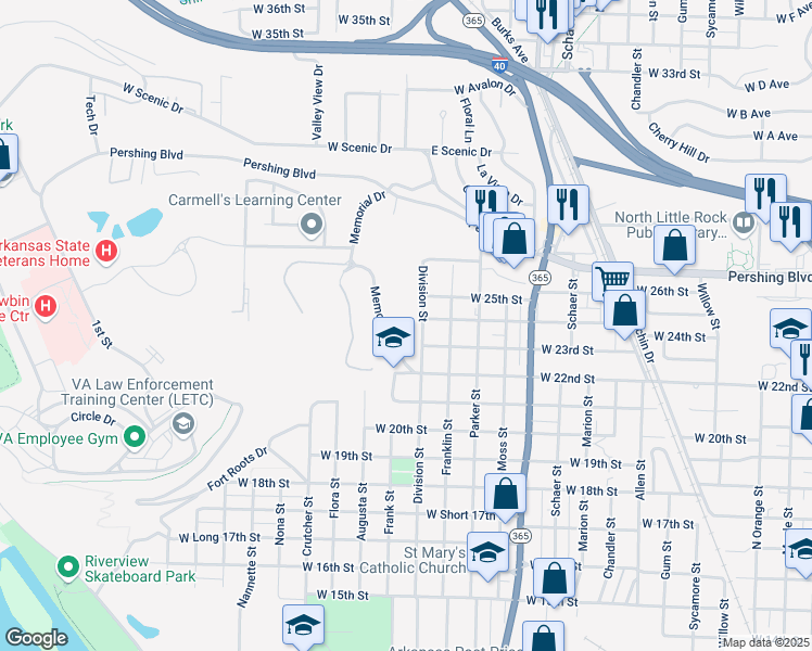 map of restaurants, bars, coffee shops, grocery stores, and more near 2301 Division Street in North Little Rock
