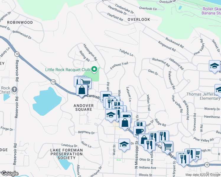 map of restaurants, bars, coffee shops, grocery stores, and more near 42 Foxcroft Road in Little Rock