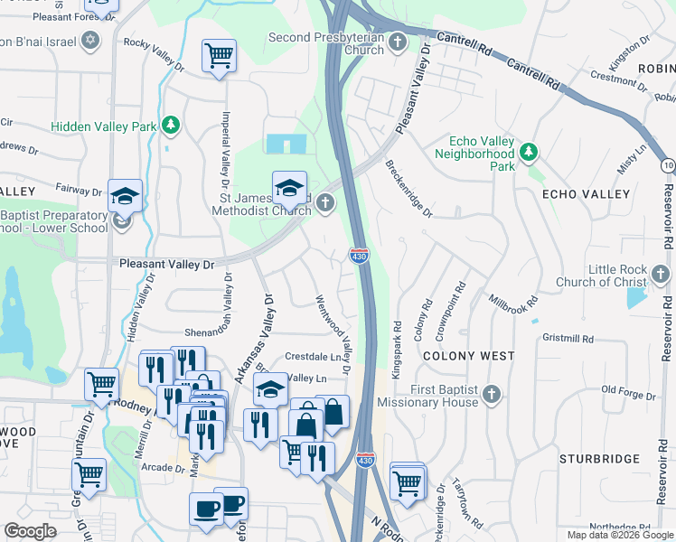 map of restaurants, bars, coffee shops, grocery stores, and more near 49 Kingsbridge Way in Little Rock