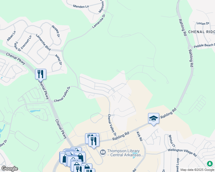 map of restaurants, bars, coffee shops, grocery stores, and more near 100 Villas Circle in Little Rock