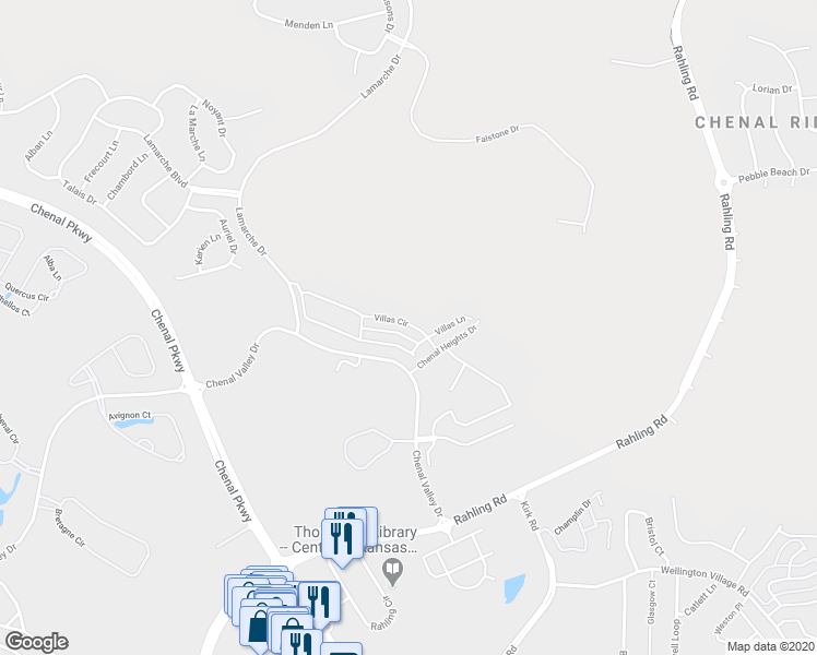 map of restaurants, bars, coffee shops, grocery stores, and more near 100 Villas Circle in Little Rock
