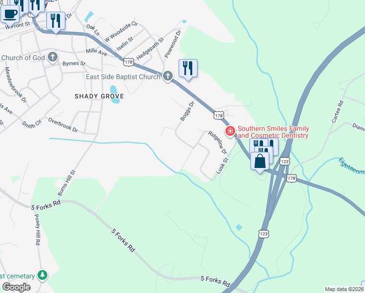 map of restaurants, bars, coffee shops, grocery stores, and more near 20 Boggs Drive in Liberty